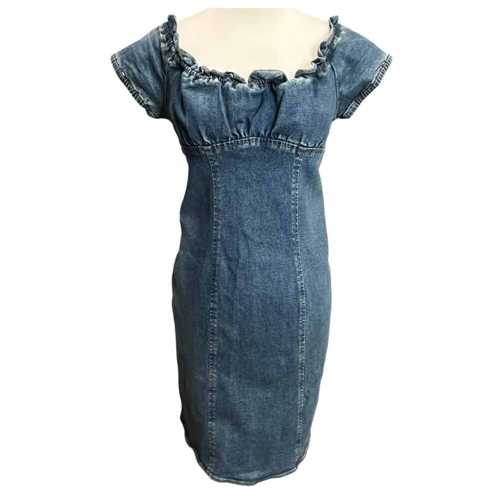 Moda International Y2K‎ Denim Dress 6 Blue Ruffle Neck Milkmaid Stretch Retro